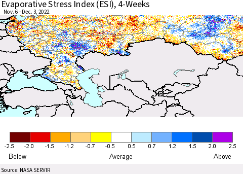 Russian Federation Evaporative Stress Index (ESI), 4-Weeks Thematic Map For 11/28/2022 - 12/4/2022