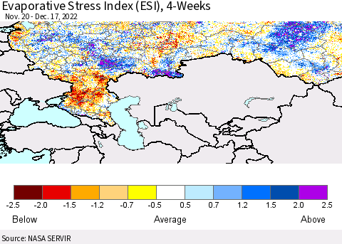 Russian Federation Evaporative Stress Index (ESI), 4-Weeks Thematic Map For 12/12/2022 - 12/18/2022
