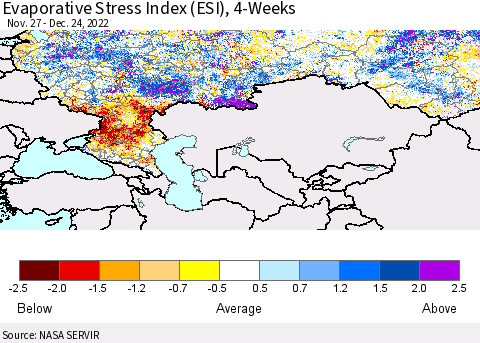 Russian Federation Evaporative Stress Index (ESI), 4-Weeks Thematic Map For 12/19/2022 - 12/25/2022