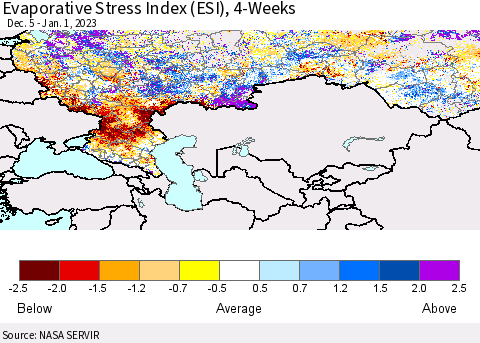 Russian Federation Evaporative Stress Index (ESI), 4-Weeks Thematic Map For 12/26/2022 - 1/1/2023