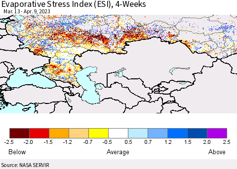 Russian Federation Evaporative Stress Index (ESI), 4-Weeks Thematic Map For 4/3/2023 - 4/9/2023