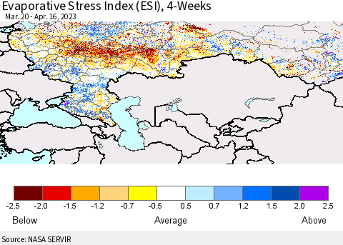 Russian Federation Evaporative Stress Index (ESI), 4-Weeks Thematic Map For 4/10/2023 - 4/16/2023