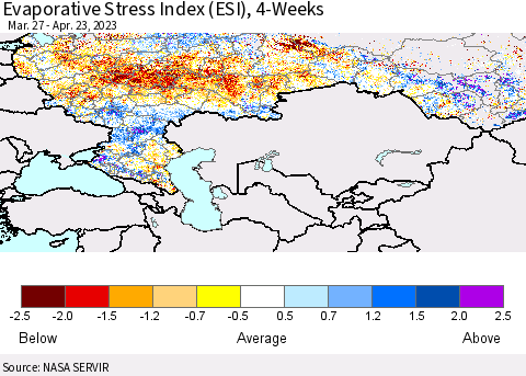 Russian Federation Evaporative Stress Index (ESI), 4-Weeks Thematic Map For 4/17/2023 - 4/23/2023