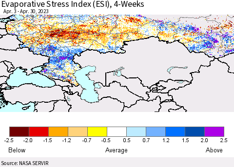 Russian Federation Evaporative Stress Index (ESI), 4-Weeks Thematic Map For 4/24/2023 - 4/30/2023