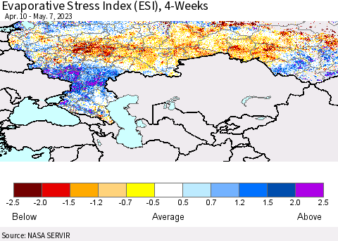 Russian Federation Evaporative Stress Index (ESI), 4-Weeks Thematic Map For 5/1/2023 - 5/7/2023
