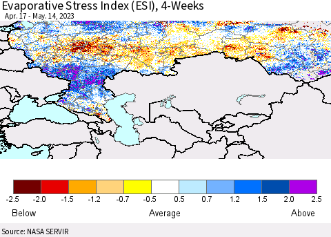 Russian Federation Evaporative Stress Index (ESI), 4-Weeks Thematic Map For 5/8/2023 - 5/14/2023