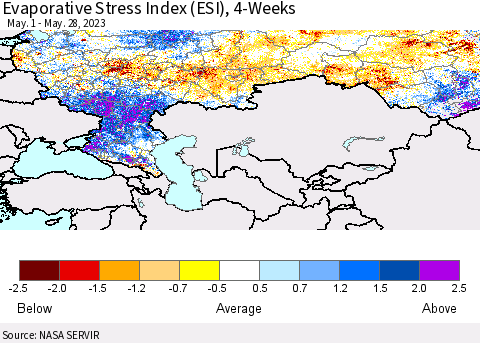 Russian Federation Evaporative Stress Index (ESI), 4-Weeks Thematic Map For 5/22/2023 - 5/28/2023