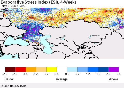 Russian Federation Evaporative Stress Index (ESI), 4-Weeks Thematic Map For 5/29/2023 - 6/4/2023