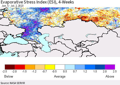 Russian Federation Evaporative Stress Index (ESI), 4-Weeks Thematic Map For 6/26/2023 - 7/2/2023