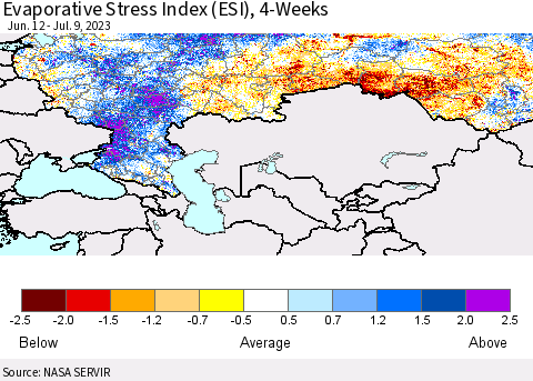 Russian Federation Evaporative Stress Index (ESI), 4-Weeks Thematic Map For 7/3/2023 - 7/9/2023