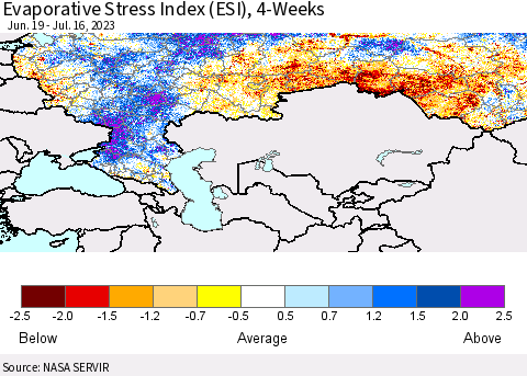 Russian Federation Evaporative Stress Index (ESI), 4-Weeks Thematic Map For 7/10/2023 - 7/16/2023