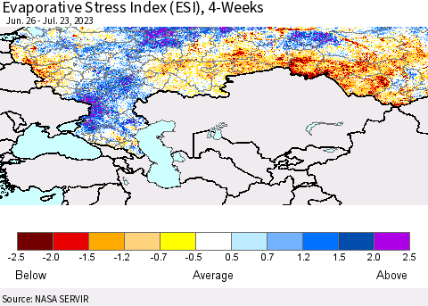 Russian Federation Evaporative Stress Index (ESI), 4-Weeks Thematic Map For 7/17/2023 - 7/23/2023
