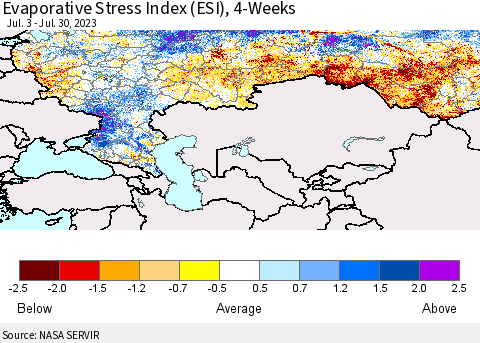 Russian Federation Evaporative Stress Index (ESI), 4-Weeks Thematic Map For 7/24/2023 - 7/30/2023