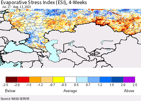 Russian Federation Evaporative Stress Index (ESI), 4-Weeks Thematic Map For 8/7/2023 - 8/13/2023