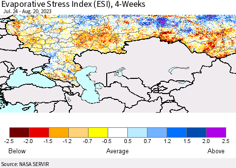 Russian Federation Evaporative Stress Index (ESI), 4-Weeks Thematic Map For 8/14/2023 - 8/20/2023