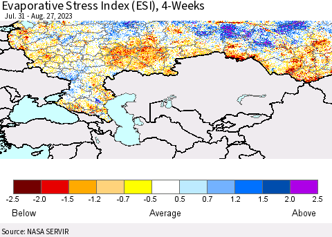 Russian Federation Evaporative Stress Index (ESI), 4-Weeks Thematic Map For 8/21/2023 - 8/27/2023