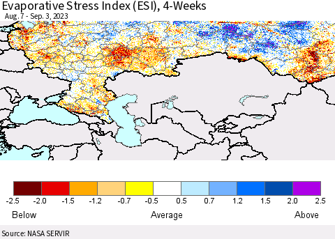 Russian Federation Evaporative Stress Index (ESI), 4-Weeks Thematic Map For 8/28/2023 - 9/3/2023
