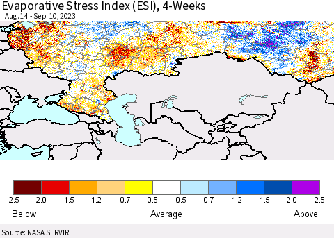 Russian Federation Evaporative Stress Index (ESI), 4-Weeks Thematic Map For 9/4/2023 - 9/10/2023