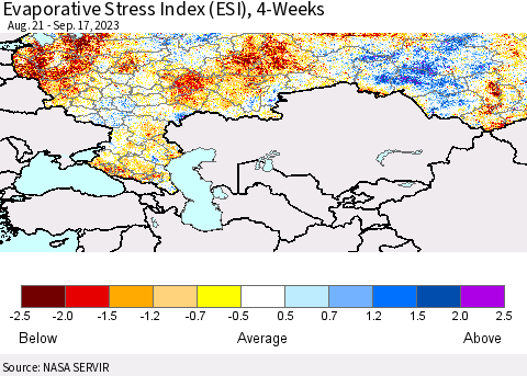 Russian Federation Evaporative Stress Index (ESI), 4-Weeks Thematic Map For 9/11/2023 - 9/17/2023