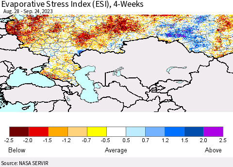 Russian Federation Evaporative Stress Index (ESI), 4-Weeks Thematic Map For 9/18/2023 - 9/24/2023