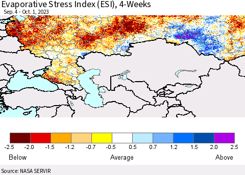 Russian Federation Evaporative Stress Index (ESI), 4-Weeks Thematic Map For 9/25/2023 - 10/1/2023