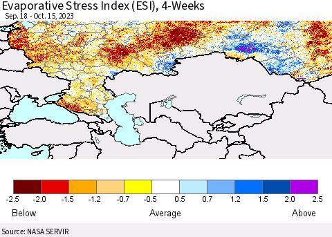 Russian Federation Evaporative Stress Index (ESI), 4-Weeks Thematic Map For 10/9/2023 - 10/15/2023