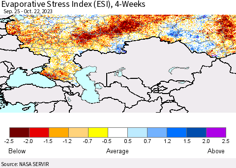 Russian Federation Evaporative Stress Index (ESI), 4-Weeks Thematic Map For 10/16/2023 - 10/22/2023