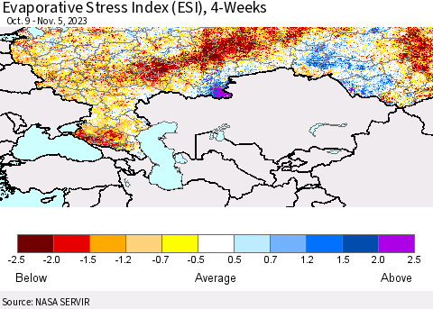 Russian Federation Evaporative Stress Index (ESI), 4-Weeks Thematic Map For 10/30/2023 - 11/5/2023