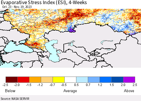 Russian Federation Evaporative Stress Index (ESI), 4-Weeks Thematic Map For 11/13/2023 - 11/19/2023