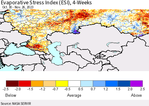 Russian Federation Evaporative Stress Index (ESI), 4-Weeks Thematic Map For 11/20/2023 - 11/26/2023