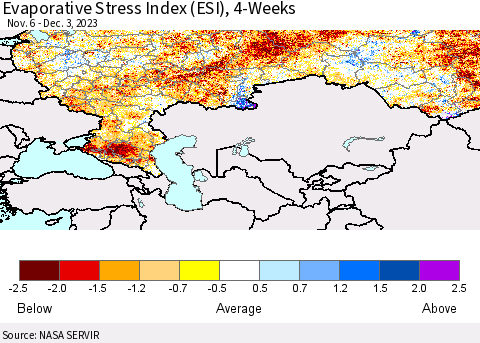 Russian Federation Evaporative Stress Index (ESI), 4-Weeks Thematic Map For 11/27/2023 - 12/3/2023