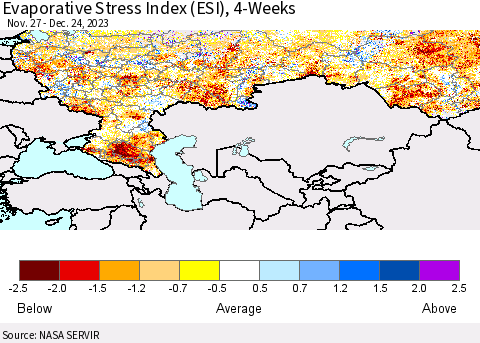 Russian Federation Evaporative Stress Index (ESI), 4-Weeks Thematic Map For 12/18/2023 - 12/24/2023