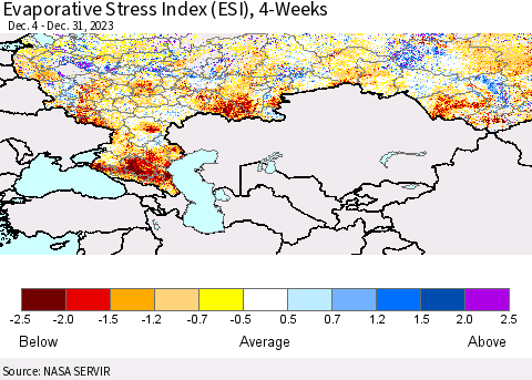 Russian Federation Evaporative Stress Index (ESI), 4-Weeks Thematic Map For 12/25/2023 - 12/31/2023