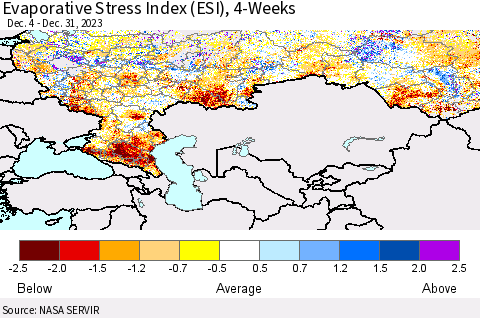 Russian Federation Evaporative Stress Index (ESI), 4-Weeks Thematic Map For 1/1/2024 - 1/7/2024