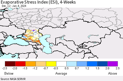 Russian Federation Evaporative Stress Index (ESI), 4-Weeks Thematic Map For 1/8/2024 - 1/14/2024