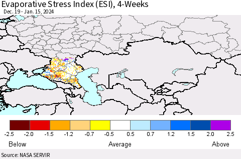 Russian Federation Evaporative Stress Index (ESI), 4-Weeks Thematic Map For 1/15/2024 - 1/21/2024