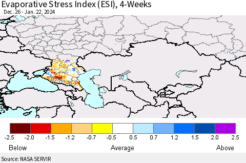 Russian Federation Evaporative Stress Index (ESI), 4-Weeks Thematic Map For 1/22/2024 - 1/28/2024
