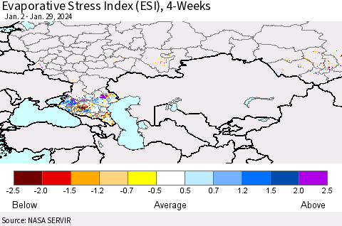 Russian Federation Evaporative Stress Index (ESI), 4-Weeks Thematic Map For 1/29/2024 - 2/4/2024