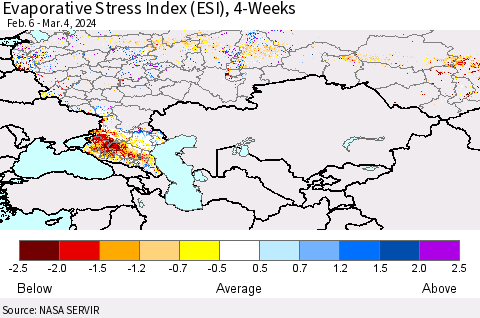 Russian Federation Evaporative Stress Index (ESI), 4-Weeks Thematic Map For 3/4/2024 - 3/10/2024