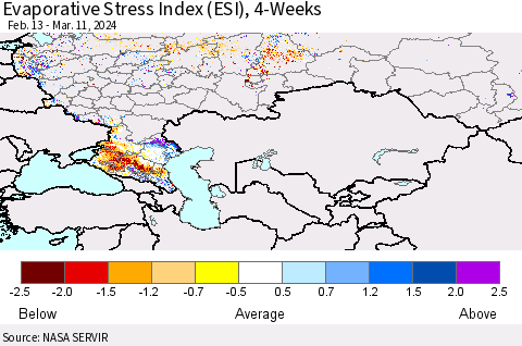 Russian Federation Evaporative Stress Index (ESI), 4-Weeks Thematic Map For 3/11/2024 - 3/17/2024