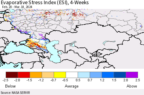 Russian Federation Evaporative Stress Index (ESI), 4-Weeks Thematic Map For 3/18/2024 - 3/24/2024