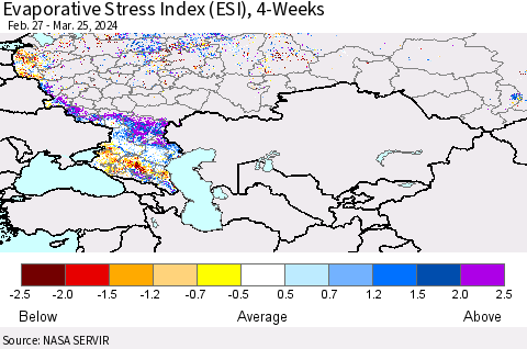 Russian Federation Evaporative Stress Index (ESI), 4-Weeks Thematic Map For 3/25/2024 - 3/31/2024