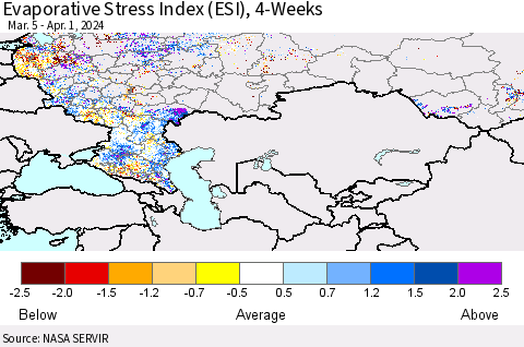 Russian Federation Evaporative Stress Index (ESI), 4-Weeks Thematic Map For 4/1/2024 - 4/7/2024