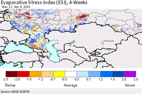 Russian Federation Evaporative Stress Index (ESI), 4-Weeks Thematic Map For 4/8/2024 - 4/14/2024