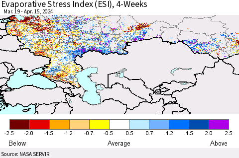 Russian Federation Evaporative Stress Index (ESI), 4-Weeks Thematic Map For 4/15/2024 - 4/21/2024
