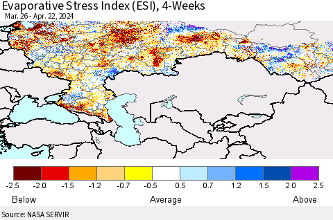 Russian Federation Evaporative Stress Index (ESI), 4-Weeks Thematic Map For 4/22/2024 - 4/28/2024