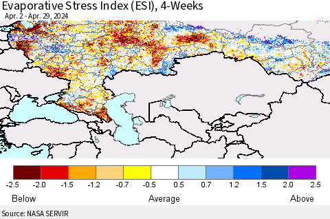 Russian Federation Evaporative Stress Index (ESI), 4-Weeks Thematic Map For 4/29/2024 - 5/5/2024