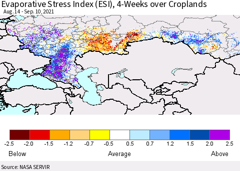 Russian Federation Evaporative Stress Index (ESI), 4-Weeks over Croplands Thematic Map For 9/6/2021 - 9/12/2021