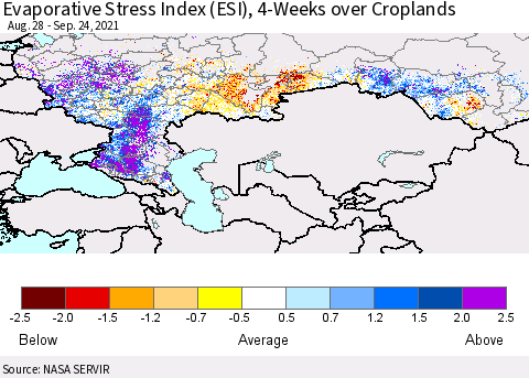 Russian Federation Evaporative Stress Index (ESI), 4-Weeks over Croplands Thematic Map For 9/20/2021 - 9/26/2021