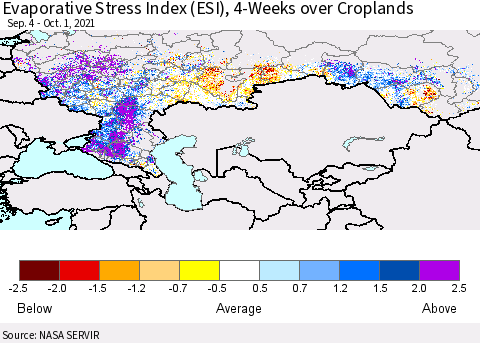 Russian Federation Evaporative Stress Index (ESI), 4-Weeks over Croplands Thematic Map For 9/27/2021 - 10/3/2021